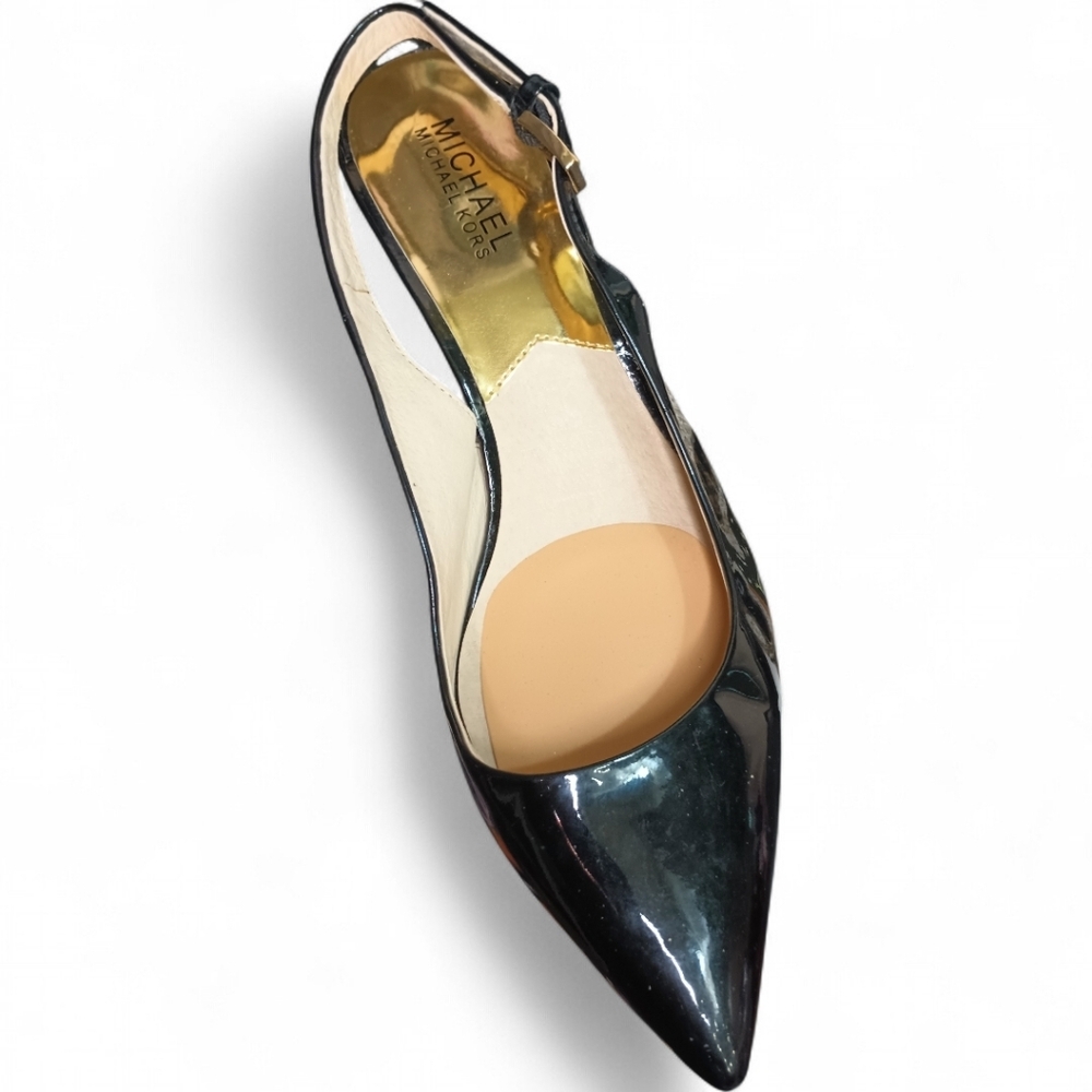 Michael Kors | Kelsey Kitten Slingback | Blk Patent Leather Gold Hardware | Sz 9 - Picture 9 of 14